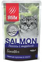 Blitz Sensitive Adult Cat Влажный корм для взрослых кошек с лососем и индейкой в соусе, 85 гр