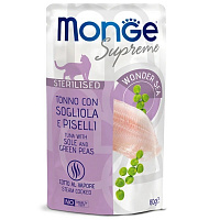 Monge Supreme Sterilized Cat Паучи для стерилизованных кошек с тунцом, желтопёрой камбалой и зелёным горошком, 80 гр