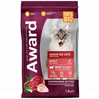 AWARD Indoor Big cats для взрослых домашних кошек крупных пород с говядиной и курицей с добавлением брокколи и юкки Шидигера