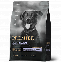Premier Adult Medium Свежее филе лосося с индейкой для взрослых собак средних пород с нормальной активностью, чувствительной кожей и шерстью или склонных к аллергии