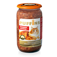 PUFFINS Говядина и печень кусочки в паштете для кошек, 650 гр