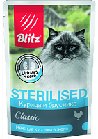 Blitz Classic Sterilised Adult Cat Влажный корм для стерилизованных кошек с курицей и брусникой в желе, 85 гр