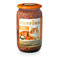 PUFFINS Курица и печень кусочки в паштете для кошек, 650 гр
